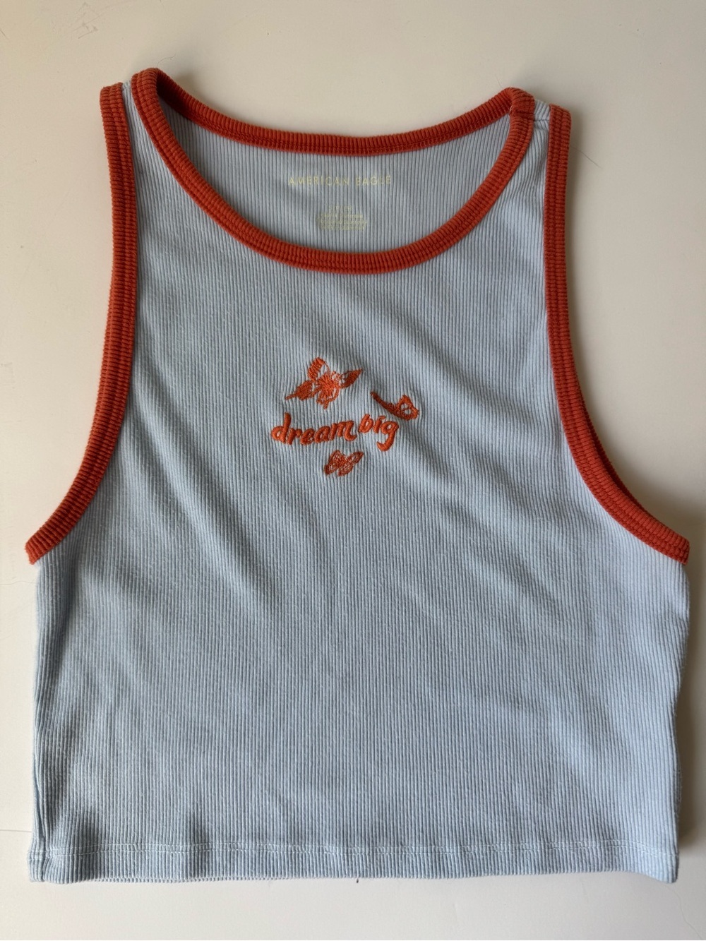 American Eagle Outfitters dream big Light Blue Ribbed Tank with Orange Trim